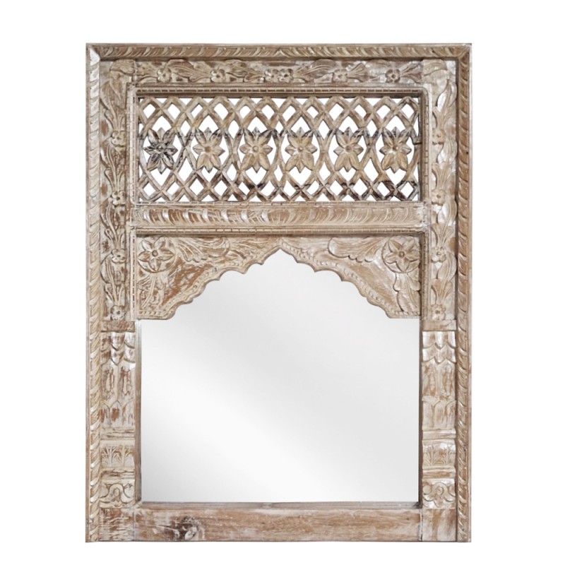 Mirroki Panels ξύλινος καθρέπτης τοίχου με σκαλιστό πλαίσιο σε απόχρωση λευκής πατίνας 120x90 εκ