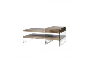 Μίνιμαλ ξύλινο τραπέζι σαλονιού με ένα συρτάρι και γυάλινα πλαϊνά 110x60x45 εκ