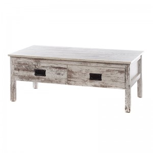 Boho τραπέζι σαλονιού ξύλινο με συρτάρια σε λευκή πατίνα 100x50x38 εκ