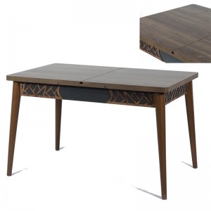 Mira ξύλινο επεκτεινόμενο τραπέζι με επιφάνεια σε φυσική απόχρωση και σκαλιστό μαύρο σχέδιο από MDF στη βάση 130x80x75 εκ