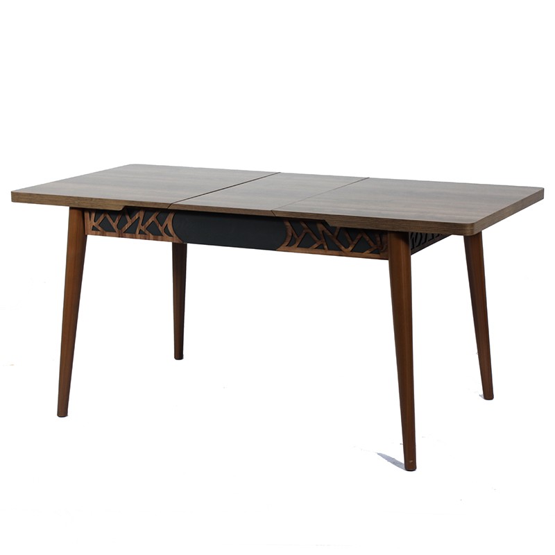 Mira ξύλινο επεκτεινόμενο τραπέζι με επιφάνεια σε φυσική απόχρωση και σκαλιστό μαύρο σχέδιο από MDF στη βάση 130x80x75 εκ