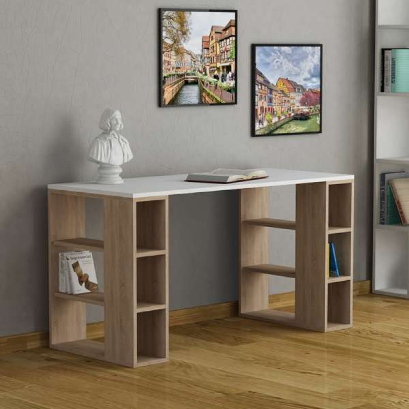 Γραφείο λευκό ξύλινο με ράφια colmar σε φυσική απόχρωση 140x60x75 εκ