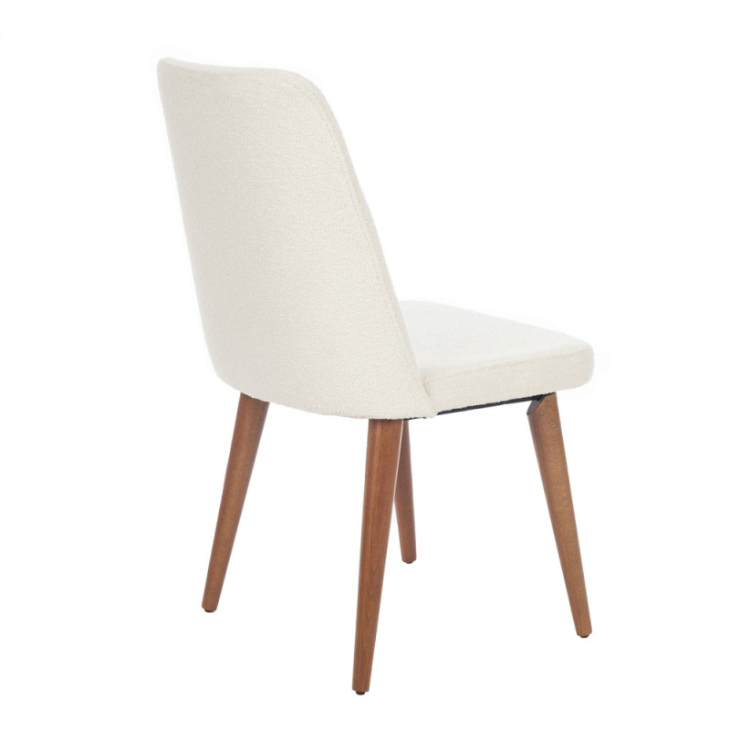 Milano καρέκλα με ξύλινο καφέ σκελετό και λευκό μπουκλέ ύφασμα 48x60x90 εκ
