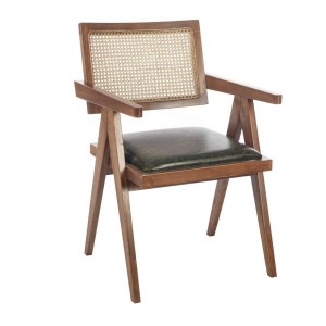 Suva Rattan ξύλινη καρέκλα σε φυσική απόχρωση με πλάτη από ρατάν και κάθισμα από δερματίνη σε καφέ χρώμα 55x63x86 εκ