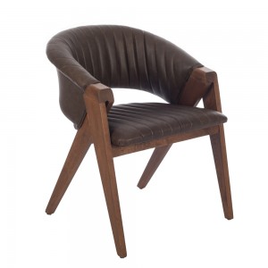 Volk Plus ξύλινη καρέκλα με μπράτσα σε φυσική απόχρωση με κάθισμα από δερματίνη σε καφέ χρώμα 60x65x78 εκ