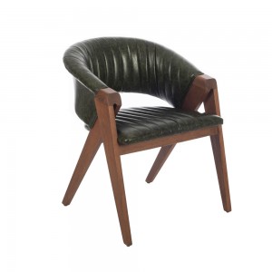 Volk Plus ξύλινη καρέκλα με μπράτσα σε φυσική απόχρωση με δερμάτινο κάθισμα σε πράσινο χρώμα 60x65x78 εκ