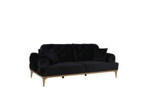 Καναπές τριθέσιος harley καπιτονέ με μαύρο ύφασμα και ξύλινα πόδια 220x100x74 εκ