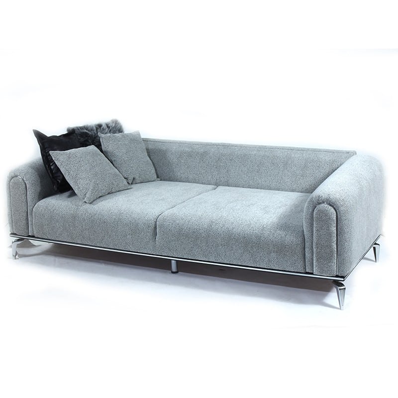 Καναπές γκρι κρεβάτι τριθέσιος ikon υφασμάτινος με μεταλλικά πόδια ασημί απόχρωσης inox και μαξιλάρια 237x98x88 εκ