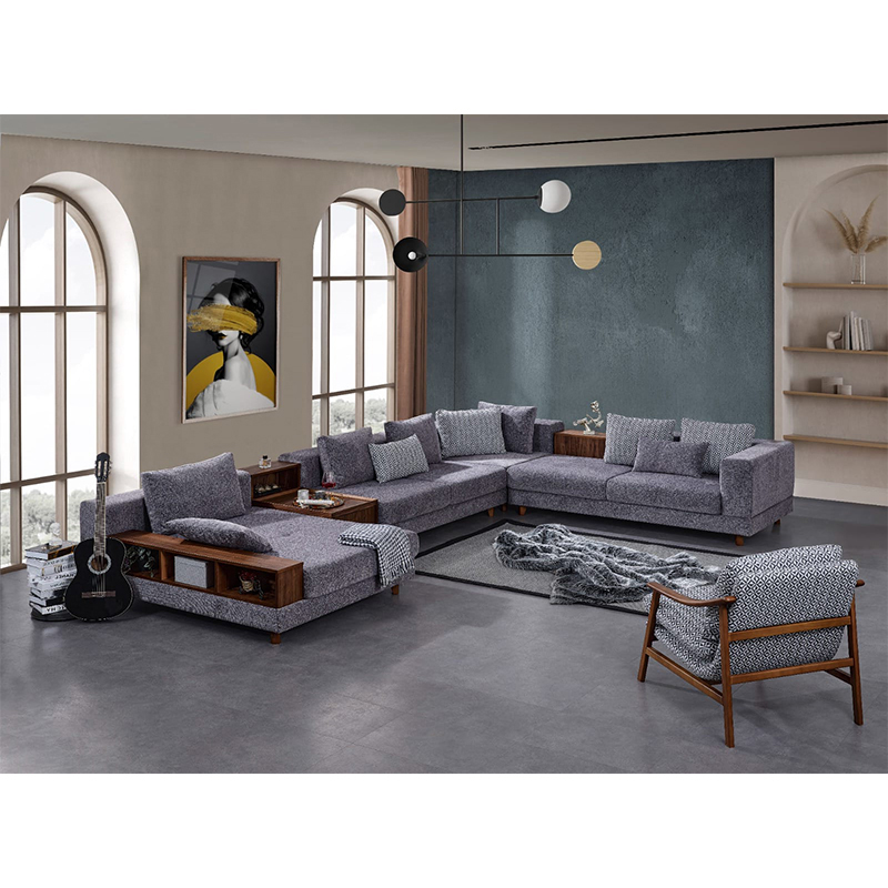 Prag γωνιακός καναπές αριστερή γωνία με γκρι υφασμάτινη επένδυση ενσωματωμένο βοηθητικό τραπεζάκι και ράφια 440x300x65 εκ