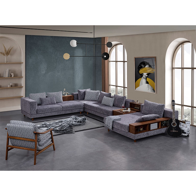 Prag γωνιακός καναπές δεξιά γωνία με γκρι υφασμάτινη επένδυση ενσωματωμένο βοηθητικό τραπεζάκι και ράφια 440x300x65 εκ