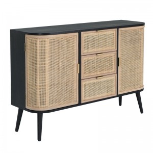 Cabinet ξύλινος μπουφές σε μαύρο χρώμα με συρτάρια και ντουλάπια από ρατάν σε φυσική απόχρωση 119x40x81 εκ