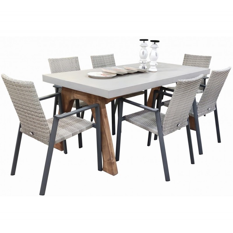 Matrix τραπέζι με επιφάνεια από τσιμέντο σε λευκό χρώμα και ξύλινη βάση σε φυσική απόχρωση 180x90x79,5 εκ