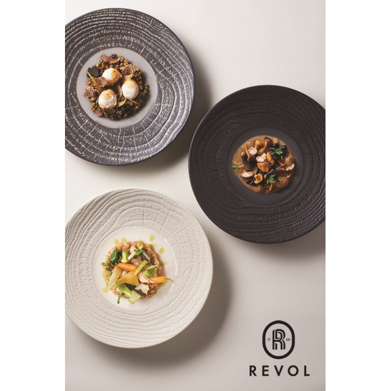 Revol πιάτα δείπνου γκρι με μπεζ από πορσελάνη με υφές κοπής κορμού δέντρου σετ έξι τεμάχια 28 εκ