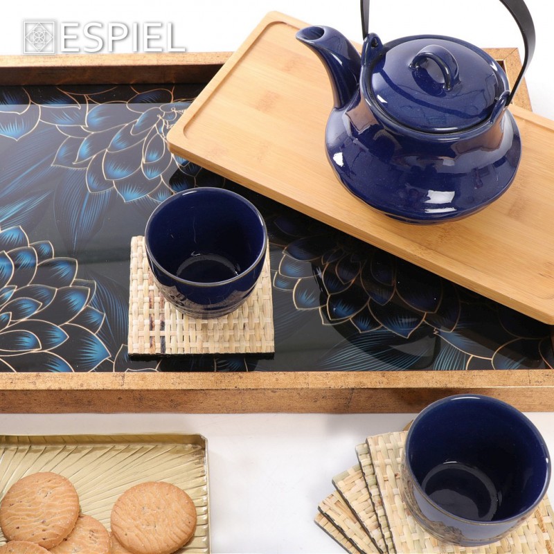 Ritual σετ για τσάι μπλε γυαλιστερό χρώμα με δίσκο από μπαμπού 30x17x12 εκ