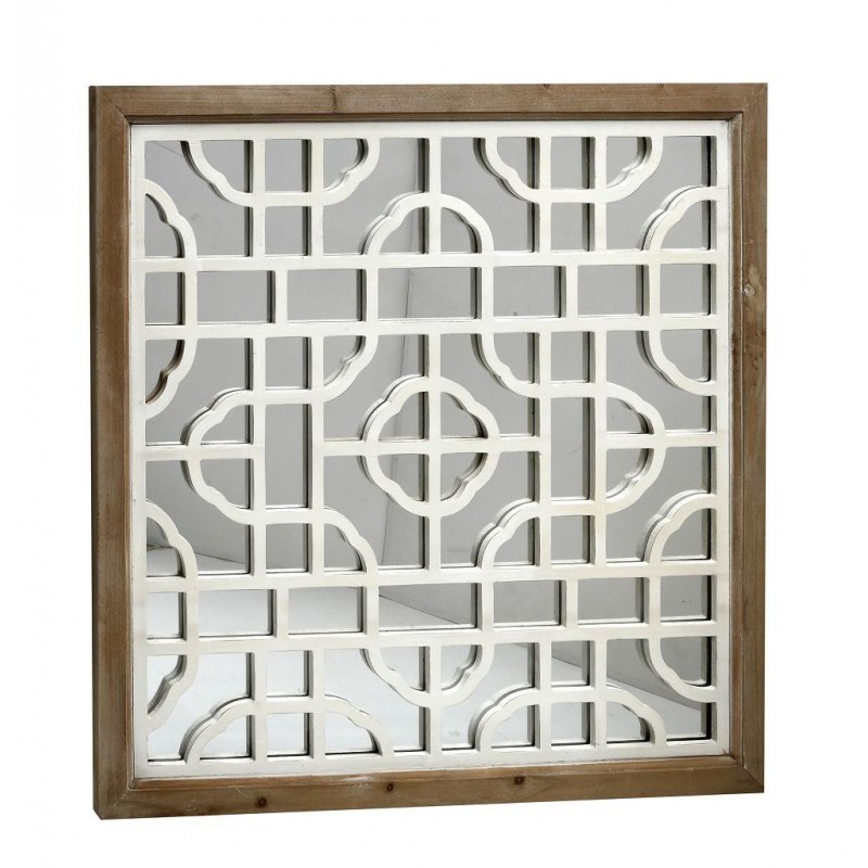 Boho καθρέπτης τετράγωνος με ξύλο σε λευκό και φυσικό χρώμα 64 εκ