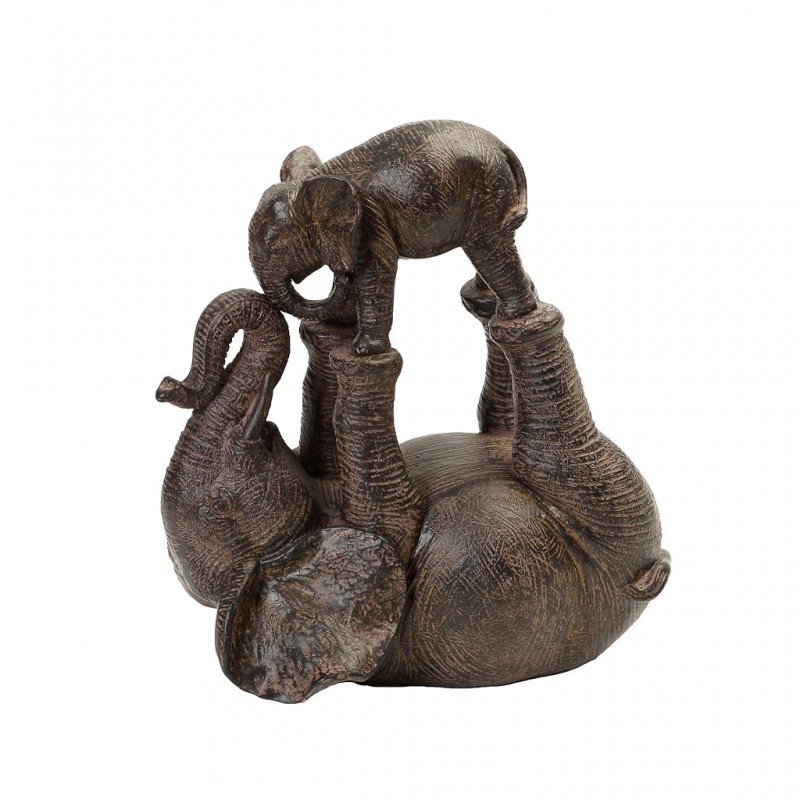 Χειροποίητη διακοσμητική φιγούρα ελέφαντα με μικρό ελεφαντάκι από πολυρεζίνη σε καφέ απόχρωση 16x10x17 εκ