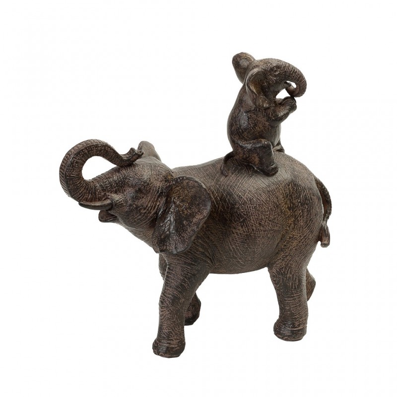 Χειροποίητη διακοσμητική φιγούρα ελέφαντα με μικρό ελεφαντάκι από πολυρεζίνη σε καφέ απόχρωση 18x10x19 εκ