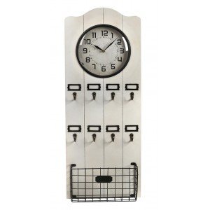 Ρολόι κλειδοθήκη από ξύλο και μέταλλο σε λευκό χρώμα 36x11x92 εκ