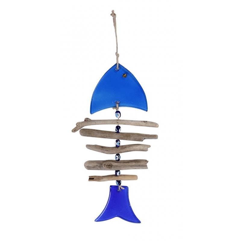 Ψάρι γυάλινο μπλε με ξύλο 37 εκ