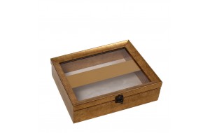 Κουτί πολυρεζίνης με γυάλινο καπάκι από σε χρυσή απόχρωση με διακοσμητική ρίγα 30x26x6 εκ