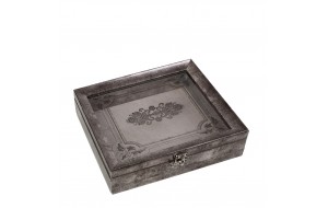 Κουτί διακοσμητικό με γυάλινο καπάκι και σχέδιο σε ασημί απόχρωση από πολυρεζίνη 30x26x6 εκ