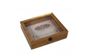 Διακοσμητικό κουτί με σχέδιο σε χρυσή απόχρωση από πολυρεζίνη και γυάλινο καπάκι 30x26x6 εκ