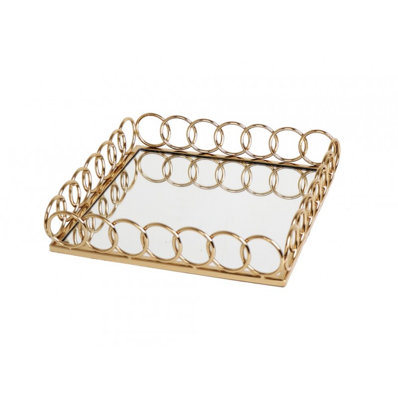 Δίσκος τετράγωνος μεταλλικός σε χρυσή απόχρωση με καθρέπτη 30x30 εκ