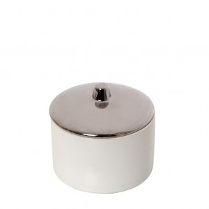 Διακοσμητικό κεραμικό λευκό δοχείο με καπάκι σε ασημί χρώμα σετ τεσσάρων τεμαχίων 10x10x9 εκ
