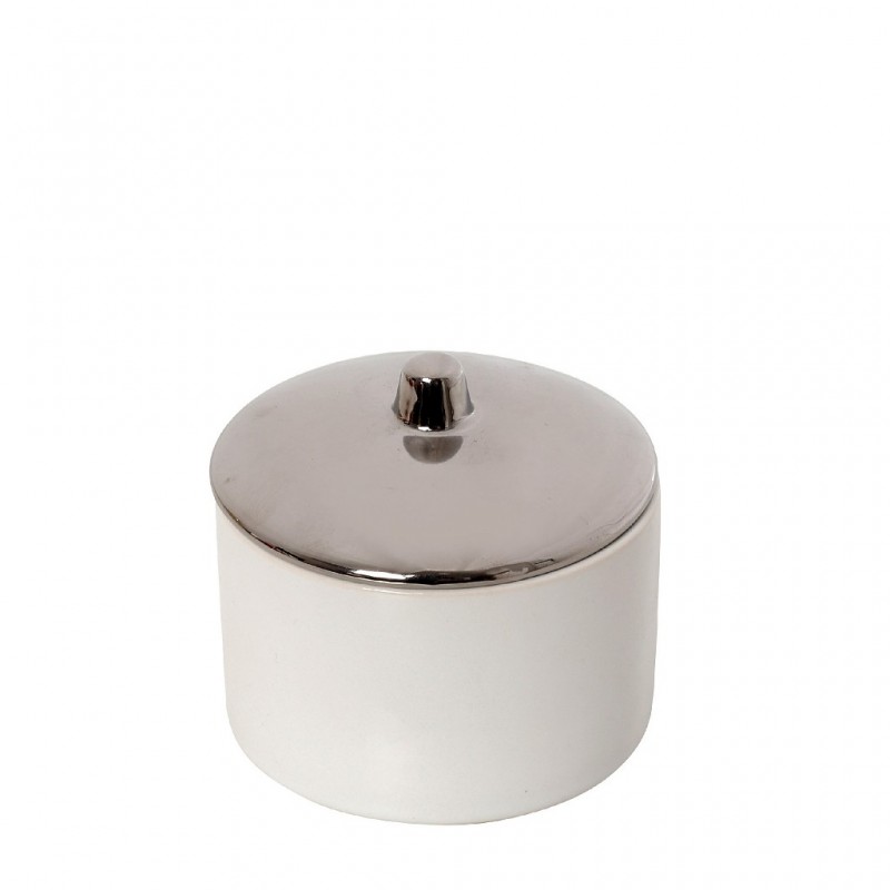 Διακοσμητικό κεραμικό λευκό δοχείο με καπάκι σε ασημί χρώμα σετ τεσσάρων τεμαχίων 10x10x9 εκ