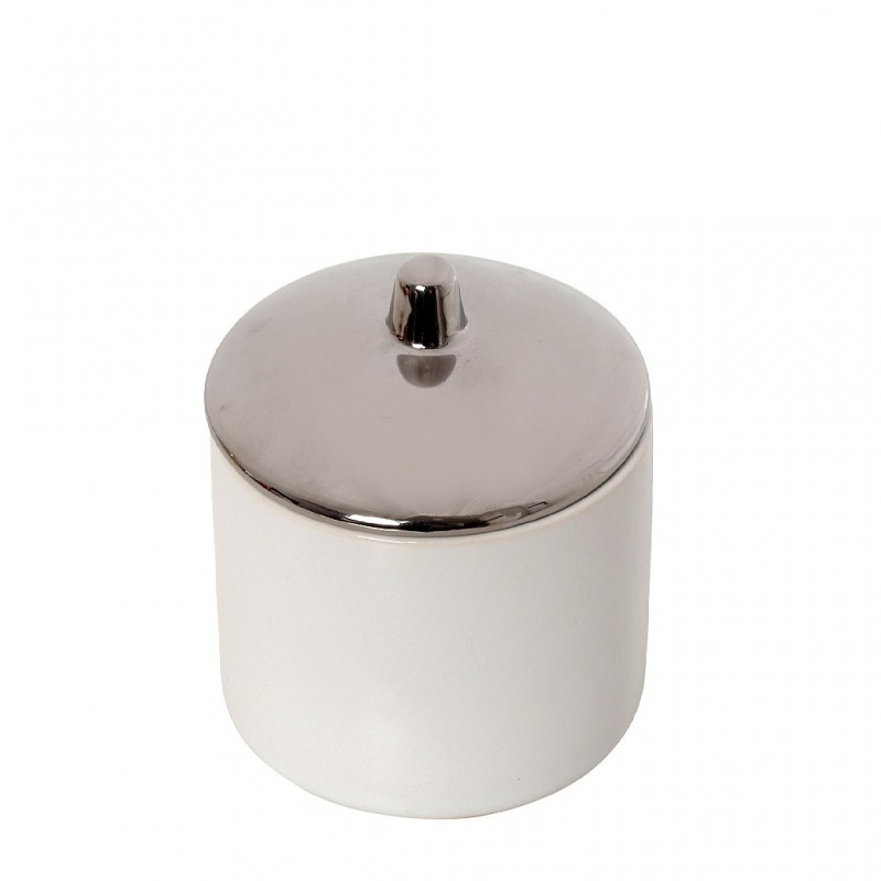 Διακοσμητικό κεραμικό λευκό δοχείο με καπάκι σε ασημί χρώμα σετ τεσσάρων τεμαχίων 10x10x10.5 εκ