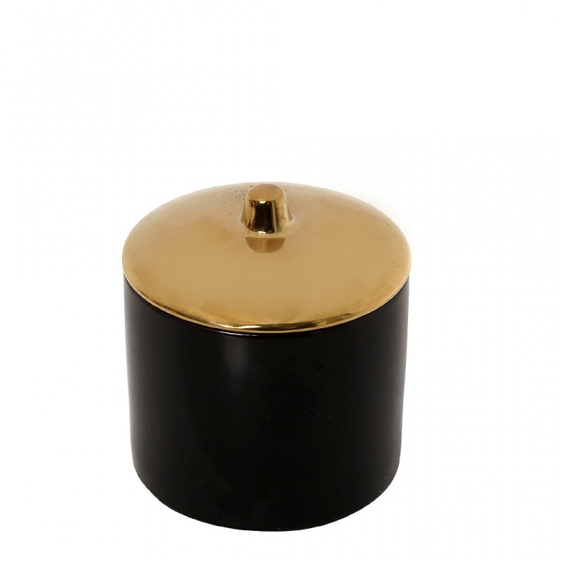 Διακοσμητικό κεραμικό μαύρο δοχείο με καπάκι σε χρυσό χρώμα σετ τεσσάρων τεμαχίων 10x10x10.5 εκ