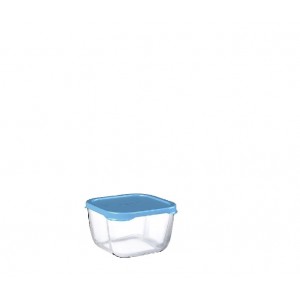 Snowbox δοχείο φαγητού γυάλινο διάφανο με μπλε καπάκι σετ τεσσάρων τεμαχίων 9x9x5.8 εκ