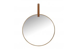 Στρογγυλός επιτοίχιος καθρέπτης με καφέ μεταλλικό πλαίσιο και λαβή από δερματίνη 60x78 εκ