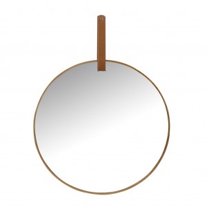 Στρογγυλός επιτοίχιος καθρέπτης με καφέ μεταλλικό πλαίσιο και λαβή από δερματίνη 60x78 εκ