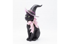 Διακοσμητική γατούλα Halloween σε μαύρη απόχρωση με ροζ καπελάκι 16x15x30 εκ