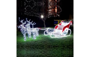 Επαγγελματικό σχέδιο χριστουγεννιάτικο έλκηθρο με ταράνδους τρισδιάστατο με ψυχτό λευκό φωτοσωλήνα και led λαμπάκια ψυχρά και κόκκινα IP44 500x190 εκ