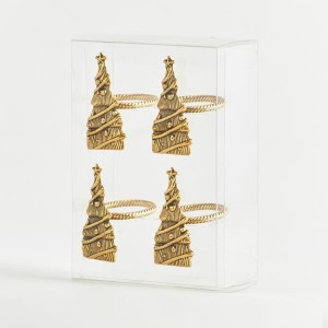 Χριστουγεννιάτικο μεταλλικό δαχτυλίδι πετσέτας σε σχήμα δέντρου σε χρυσή απόχρωση σετ τεσσάρων τεμαχίων