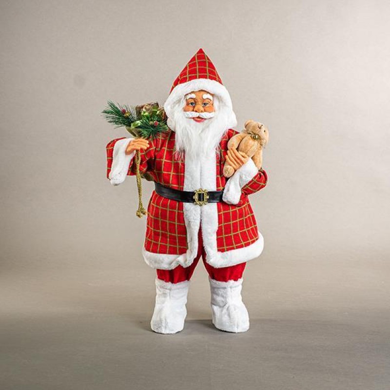 Διακοσμητικός Άγιος Βασίλης με κόκκινα καρό ρούχα και λευκό γουνάκι 80 εκ