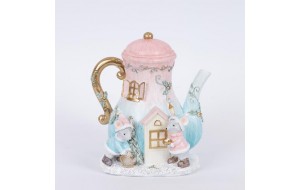 Χριστουγεννιάτικη διακοσμητική τσαγιέρα από πολυρεζίνη σε σχήμα σπιτάκι με ποντικάκια σε παστέλ αποχρώσεις με ενσωματωμένο φωτισμό 12x15x15 εκ