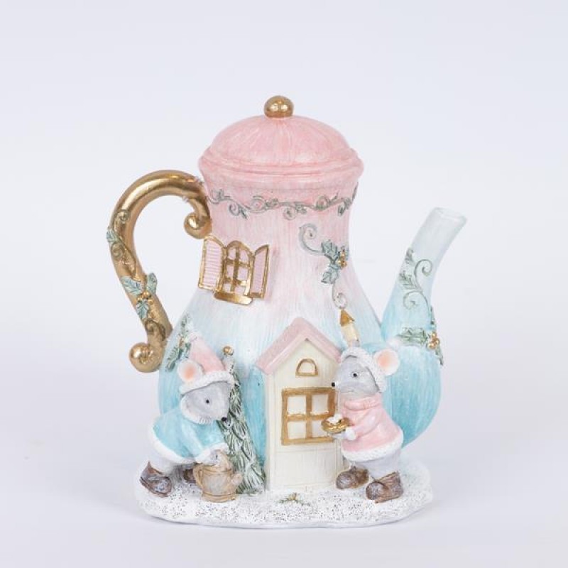 Χριστουγεννιάτικη διακοσμητική τσαγιέρα από πολυρεζίνη σε σχήμα σπιτάκι με ποντικάκια σε παστέλ αποχρώσεις με ενσωματωμένο φωτισμό 12x15x15 εκ