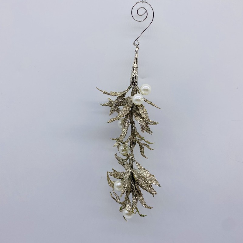 στολιδι κλαδακι white pearls 15cm champagne glitter
