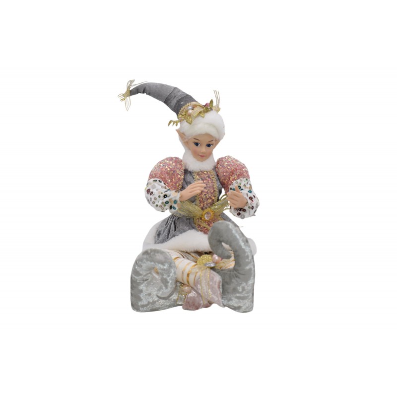 Χριστουγεννιάτικη διακοσμητική φιγούρα ξωτικού σε γκρι απόχρωση με ροζ παγέτες 20x75 εκ