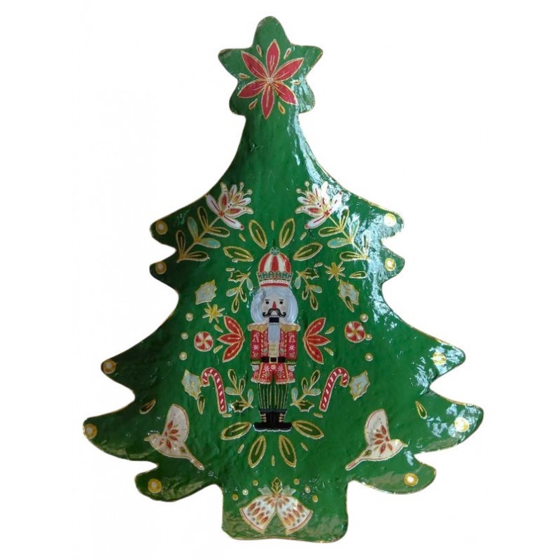 Χριστουγεννιάτικη πιατέλα σε σχήμα δέντρου από χειροποίητη τεχνική papier mache σε πράσινη απόχρωση 18x25 εκ