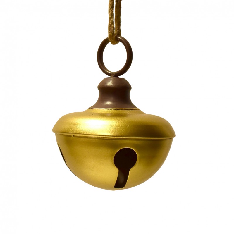 Χριστουγεννιάτικο μεταλλικό κρεμαστό πλακέ κουδουνάκι σε χρυσή απόχρωση 16x20 εκ