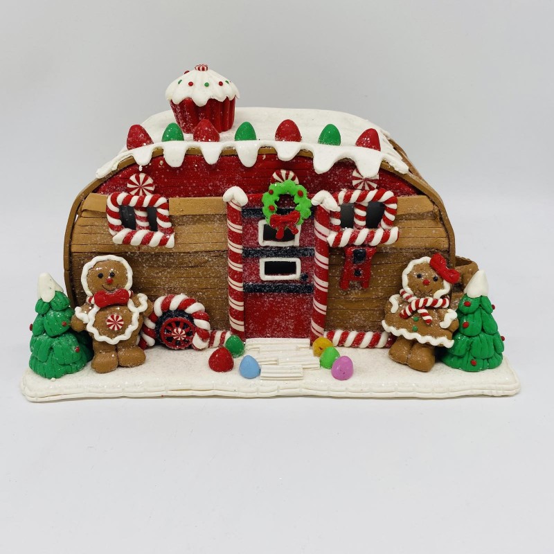 Τροχόσπιτο Candy House με LED σε μπισκοτί και λευκή απόχρωση για Χριστουγεννιάτικη Διακοσμητική σύνθεση 28x16,5x15 εκ CD-R-007