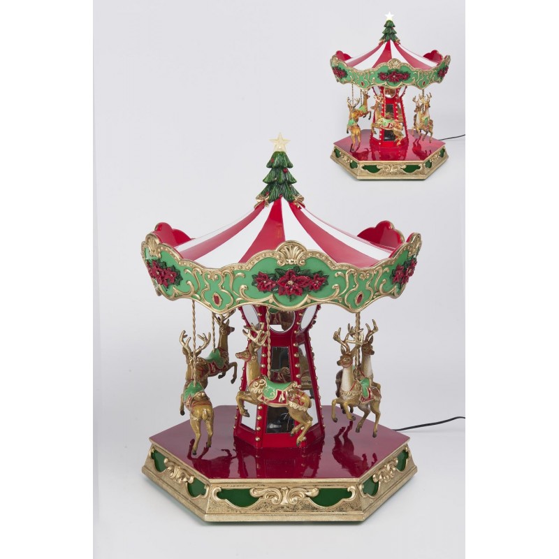 REINDEER CHRISTMAS CAROUSEL 32.1x31.6x40cm MUSIC/LIGHT/MOTION RED/GREEN/GOLD