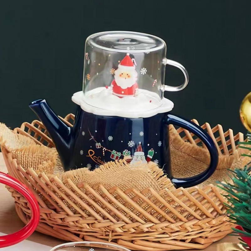 Santa Blue χριστουγεννιάτικη τσαγιέρα σε μπλε απόχρωση με καπάκι κούπα με Άγιο Βασίλη 