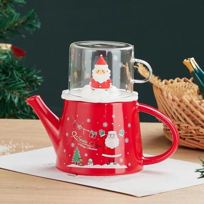 Santa Red χριστουγεννιάτικη τσαγιέρα σε κόκκινη απόχρωση με καπάκι κούπα με Άγιο Βασίλη 