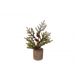 Χριστουγεννιάτικο διακοσμητικό δεντράκι σε κασπώ με κουκουνάρια και χιονισμένα πράσινα φύλλα 29 εκ