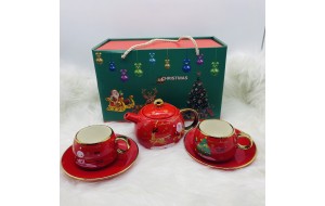 set τσαγιερα με 2 κουπες/πιατακια gold edge red